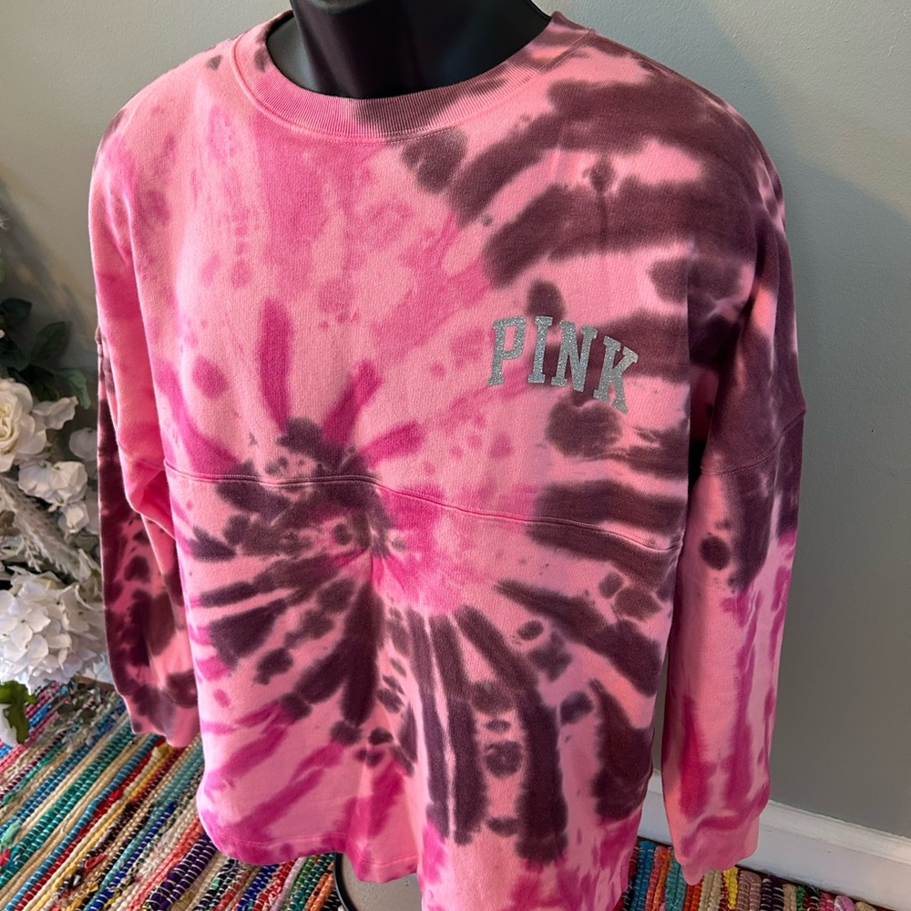 NEW Pink Tie Dye Crewneck Sweatshirt Sparkle Graphic Extra Small XS - Picture 2 of 5
